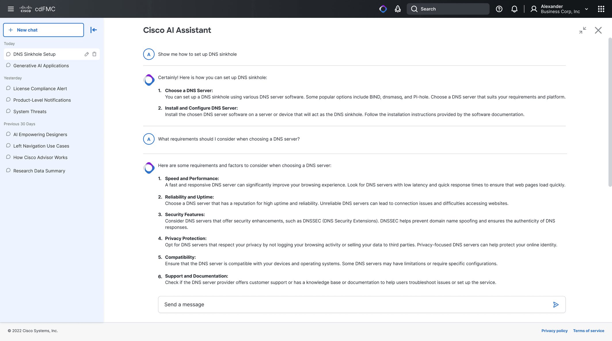 The full-screen conversation view, showing a threaded exchange with the assistant alongside the response content.