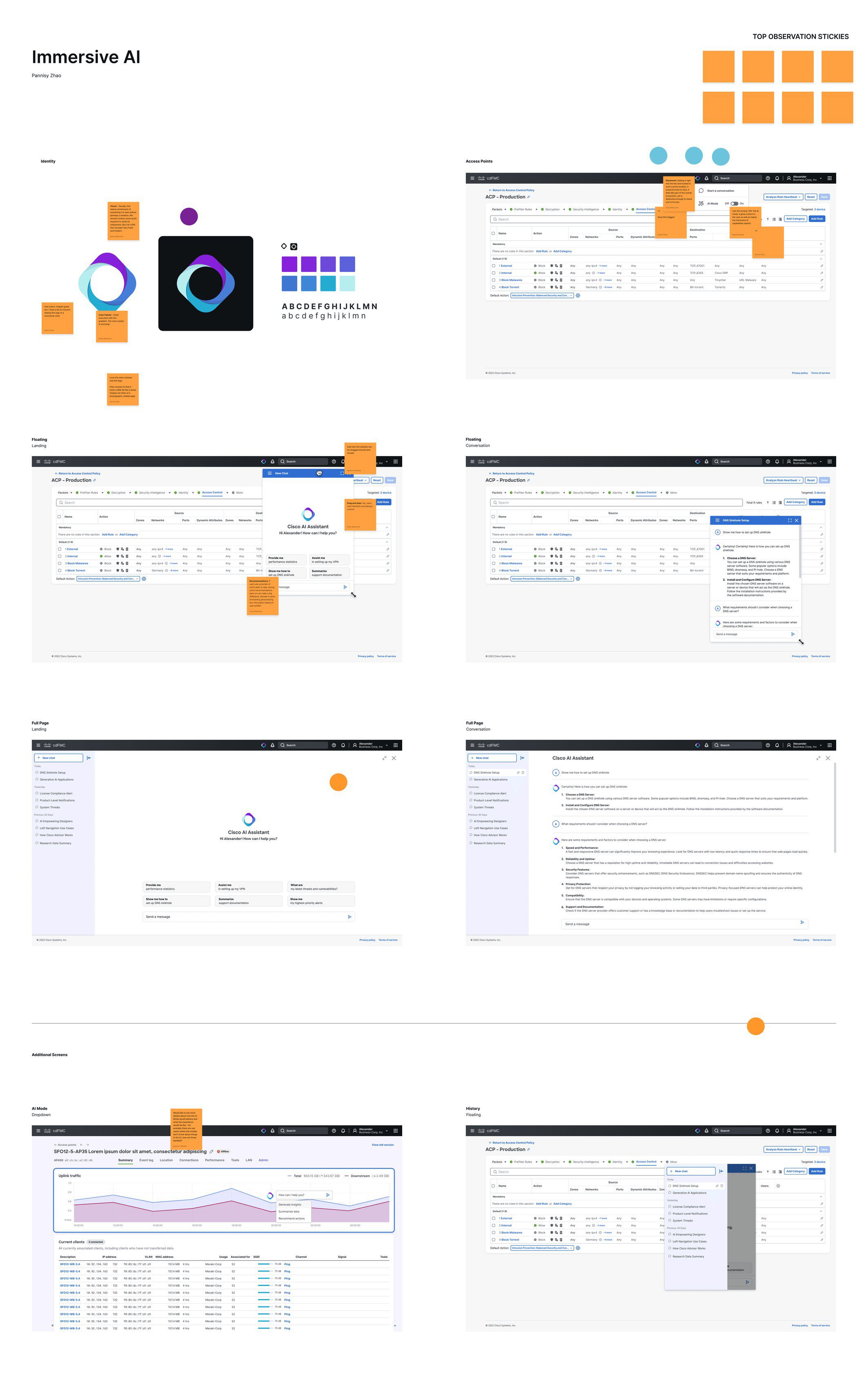 The Immersive AI presentation board covered in orange observation stickies, with the brand exploration at the top and every screen state below it annotated with workshop feedback.