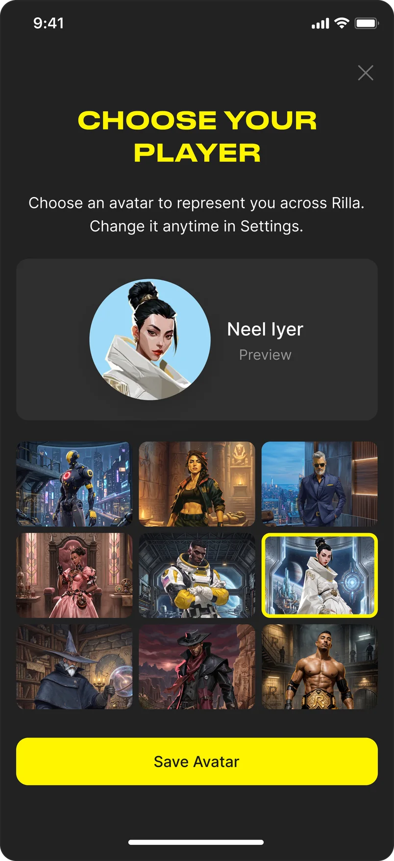 The Choose Your Player screen: a preview of the selected avatar above a grid of nine illustrated characters, with one highlighted in yellow, over a Save Avatar button.