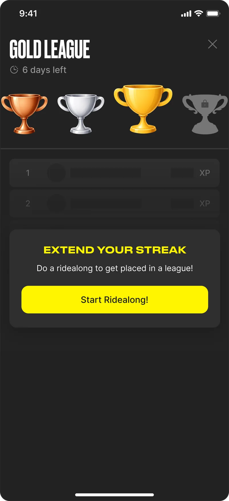 The Gold League screen before placement: the four league trophies across the top with six days left, the board greyed out behind a card reading extend your streak, do a ridealong to get placed in a league, above a Start Ridealong button.