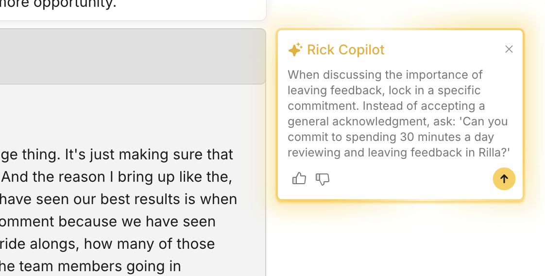 Rick Copilot suggesting a coaching comment beside a call transcript, shown on a laptop screen.
